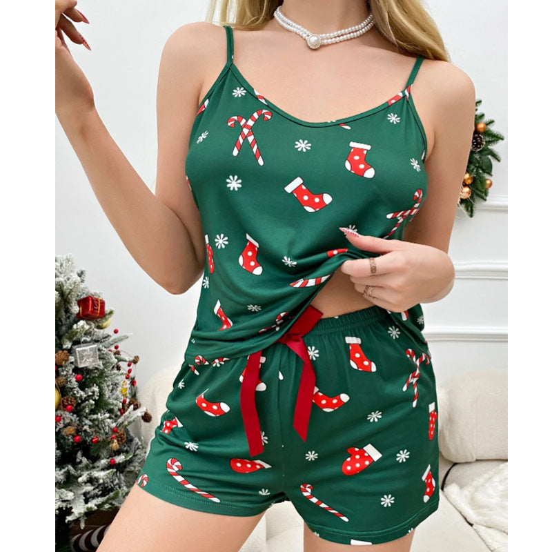 Christmas Style Pajamas Suspenders Vest Shorts Snowflake Home Wear